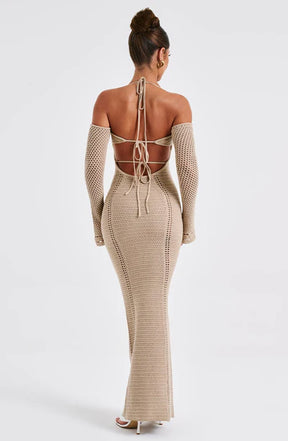 Vestido Longo Viral de Crochet  Bege Modelo Samariah