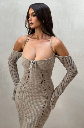 Vestido Longo Viral de Crochet  Bege Modelo Samariah